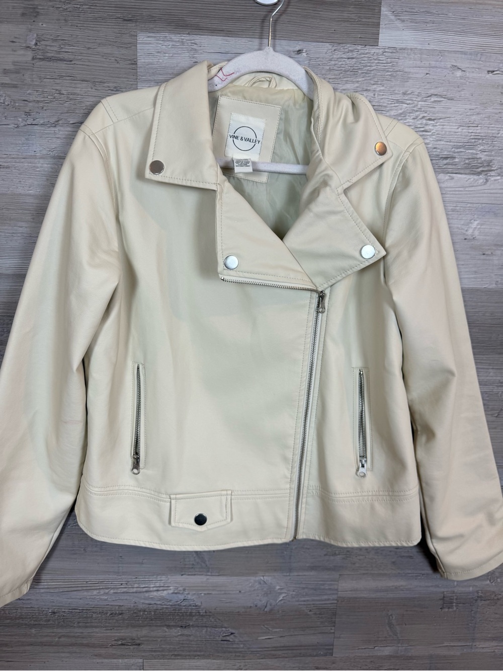 Vine & Valley Faux Leather Moto Jacket Cream Off-White Size Large L Moto Biker - Picture 6 of 6